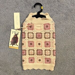 Rachel Zoe Small Dog Crochet Sweater - Cream and Pink French Bulldog